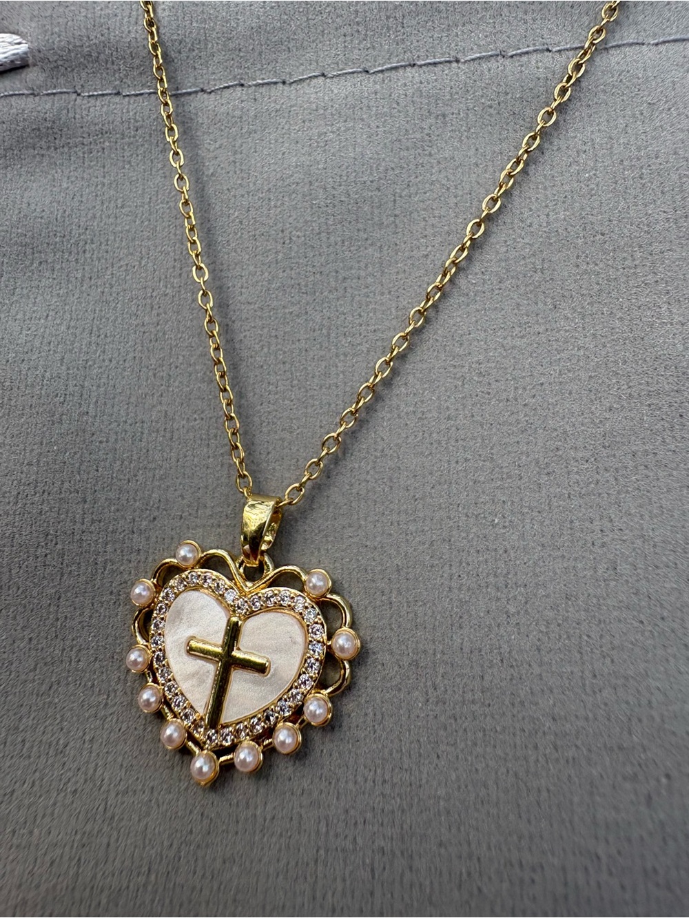 Gold Heart Necklace with Cross and Pearl Accents